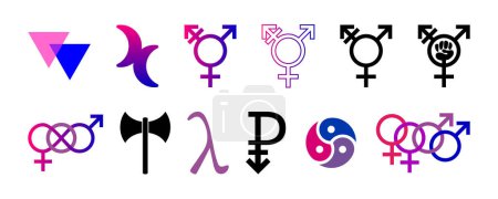 Téléchargez les illustrations : Symboles LGBT, biangles et double lune pour la bisexualité, signe lambda. Signes LGBT symboles ensemble. Labrys pour le féminisme lesbien, signe Pansexuel. Symbole de genre imbriqué. Transgenre, symboles transféministes - en licence libre de droit