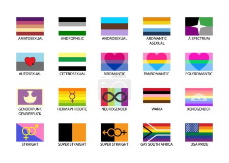 Ensemble de drapeaux de la communauté lgbtqia. Illustrations du Mois de la fierté LGBT, concept LGBTQ. Égalité des sexes et identité sexuelle, soutien à l'homosexualité. Icônes drapeaux fixés pour la Journée internationale de la fierté lgbt.