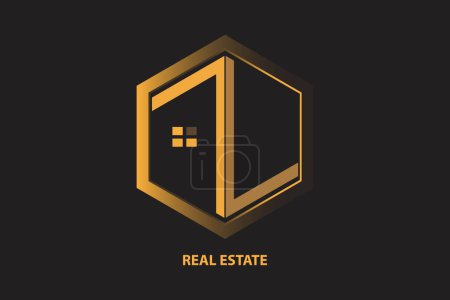 Real Estate Logo.  Gold House Symbol with Z and L Letter isolated on black Background. 