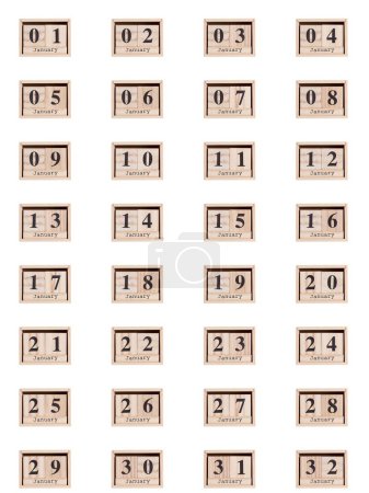 Foto de Calendario de madera, conjunto de fechas mes de enero 01-32, sobre un fondo blanco primer plano - Imagen libre de derechos