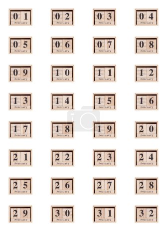 Foto de Calendario de madera, conjunto de fechas mes febrero 01-32, sobre fondo blanco primer plano - Imagen libre de derechos