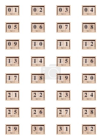 Foto de Calendario de madera, conjunto de fechas mes de abril 01-32, sobre un fondo blanco primer plano - Imagen libre de derechos