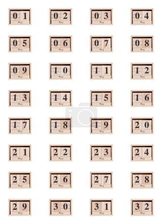 Foto de Calendario de madera, conjunto de fechas mes de mayo 01-32, sobre un fondo blanco primer plano - Imagen libre de derechos