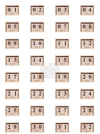 Foto de Calendario de madera, conjunto de fechas mes de marzo 01-32, sobre un fondo blanco primer plano - Imagen libre de derechos