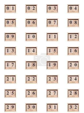 Foto de Calendario de madera, conjunto de fechas mes de junio 01-32, sobre un fondo blanco primer plano - Imagen libre de derechos