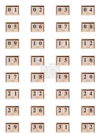 Foto de Calendario de madera, conjunto de fechas mes de julio 01-32, sobre un fondo blanco primer plano - Imagen libre de derechos
