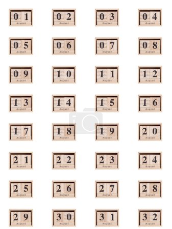 Foto de Calendario de madera, conjunto de fechas mes de agosto 01-32, sobre un fondo blanco primer plano - Imagen libre de derechos