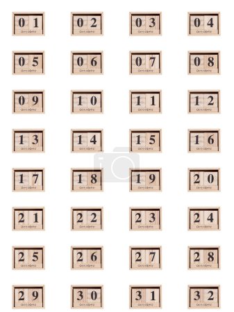 Foto de Calendario de madera, conjunto de fechas mes de octubre 01-32, sobre un fondo blanco primer plano - Imagen libre de derechos