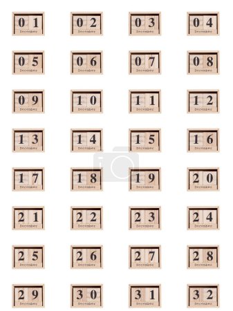 Foto de Calendario de madera, conjunto de fechas mes de diciembre 01-32, sobre un fondo blanco primer plano - Imagen libre de derechos
