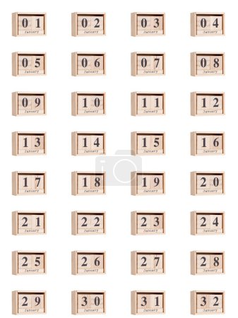 Foto de Calendario de madera, conjunto de fechas para el mes de enero 01-32, png sobre un fondo transparente, blanco, close-u - Imagen libre de derechos