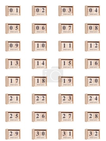 Foto de Calendario de madera, conjunto de fechas para el mes de febrero 01-32, png sobre un fondo transparente, blanco, close-u - Imagen libre de derechos