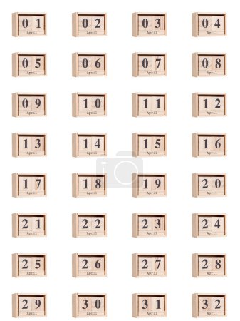 Foto de Calendario de madera, conjunto de fechas para el mes de abril 01-32, png sobre fondo transparente, blanco, primer plano - Imagen libre de derechos