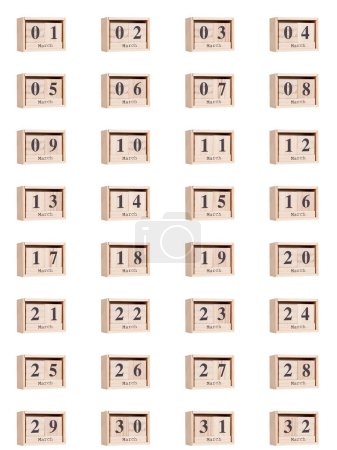 Foto de Calendario de madera, conjunto de fechas para el mes de marzo 01-32, png sobre un fondo transparente, blanco, close-u - Imagen libre de derechos