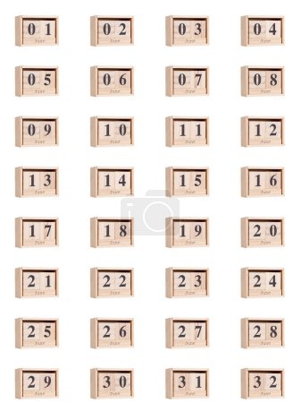 Foto de Calendario de madera, conjunto de fechas para el mes de junio 01-32, png sobre un fondo transparente, blanco, primer plano - Imagen libre de derechos
