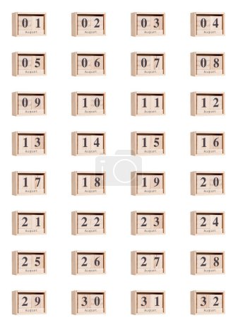 Foto de Calendario de madera, conjunto de fechas para el mes de agosto 01-32, png sobre fondo transparente, blanco, primer plano - Imagen libre de derechos