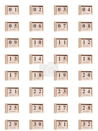 Foto de Calendario de madera, conjunto de fechas para el mes de noviembre 01-32, png sobre fondo transparente, blanco, primer plano - Imagen libre de derechos