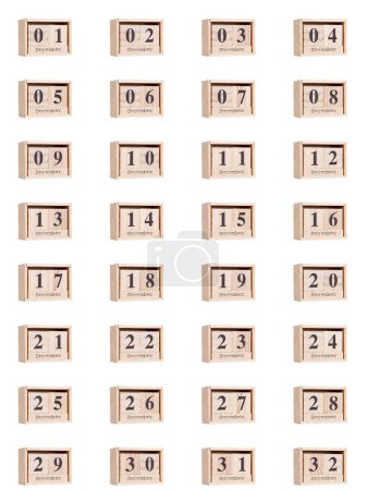 Foto de Calendario de madera, conjunto de fechas para el mes de diciembre 01-32, png sobre fondo transparente, blanco, primer plano - Imagen libre de derechos