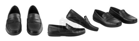 Set men's pair of black moccasins on isolated white background close-up