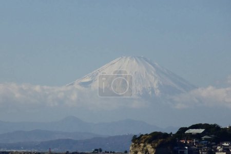   Mount Fuji, famous landmark of Japan, view from Fujisawa city coast                            