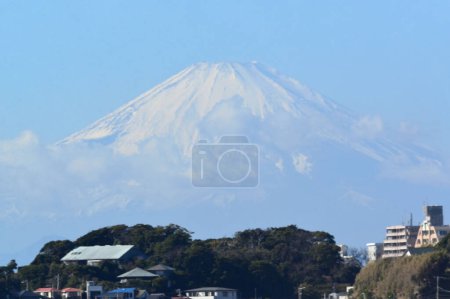   Mount Fuji, famous landmark of Japan, view from Fujisawa city coast                            
