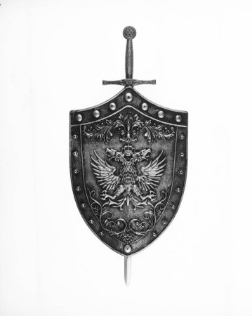 Foto de Escudo y espada aislados sobre fondo blanco - Imagen libre de derechos