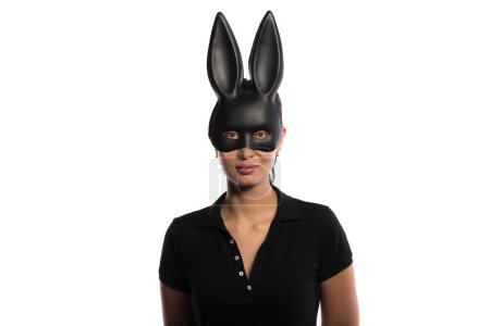 Photo for Beautiful girl in a black rabbit mask on a white background - Royalty Free Image