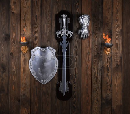 silver sword on the wall, ancient torch