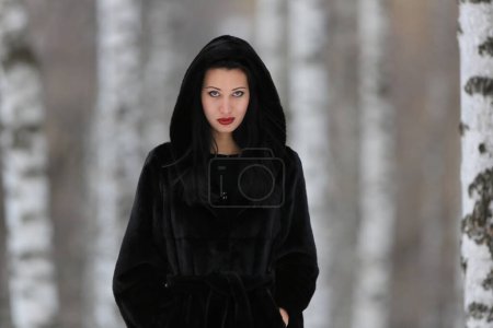 Téléchargez les photos : Belle fille dans un manteau de vison noir en hiver - en image libre de droit