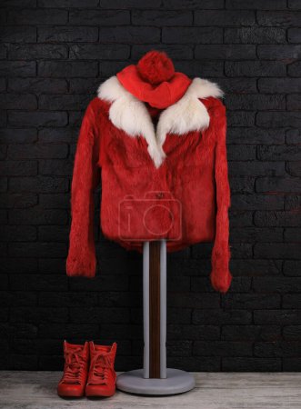 Téléchargez les photos : Manteau de fourrure rouge sur un cintre - en image libre de droit
