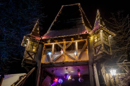 Photo for Germany, Kaltenberg 17.12.2022, entrance to Christmas market and fairy tale market at Kaltenberg castle with festive lighting. - Royalty Free Image