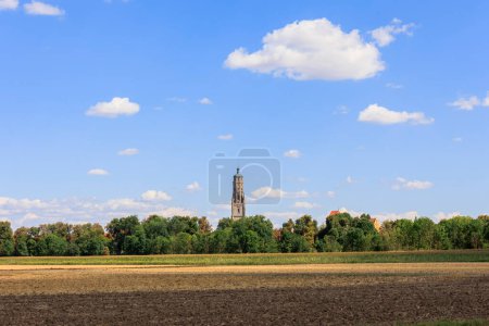 Foto de The steeple of the Evangelical Lutheran parish church in the center of the city of Noerdlingen is the landmark of the city and is popularly called Daniel - Imagen libre de derechos