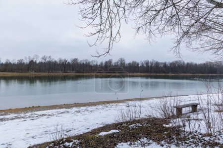 Foto de View over Kuhsee lake with seagulls ducks and swans near Augsburg on a cold gray winter day - Imagen libre de derechos