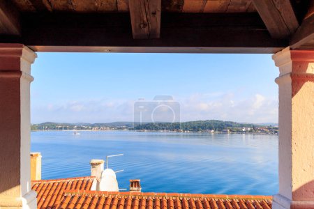 Photo for Seagulls sitting on the roofs of the old town of Rovinj in Croatia overlooking the sea - Royalty Free Image