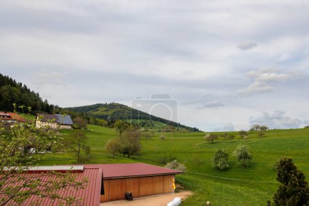 Téléchargez les photos : Montagnes et fermes avec modules photovoltaïques sur le toit sous un ciel nuageux à Gresgen en Forêt Noire - en image libre de droit