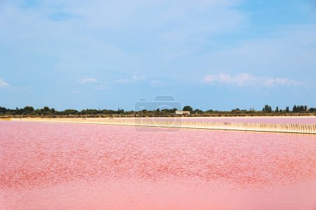 Photo for View over the pink salt pans of salt production near the town of Aigues-Mortes in the Camarque region of France - Royalty Free Image