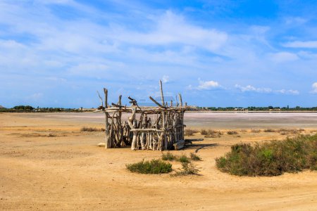 Foto de Cabaña construida con trozos de madera a la deriva en la playa cerca de los salares de Aigues-Mortes - Imagen libre de derechos