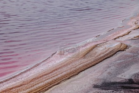 Photo for Salt-encrusted stones and pink water in the salt flats near Aigues-Mortes in the Camargue region - Royalty Free Image