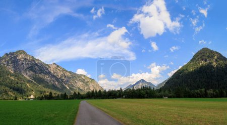 Photo for Field path between green mowed meadows towards Heiterwanger lake with mountains in the background on a sunny day with blue sky in Heiterwang, Austria - Royalty Free Image
