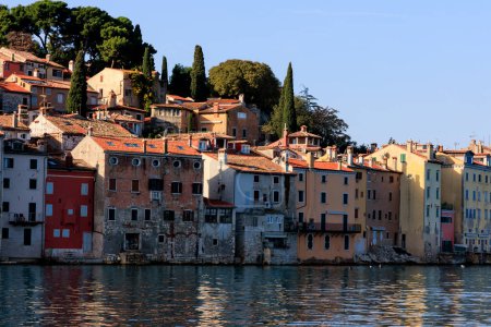 Téléchargez les photos : The old town of Rovinj with the church of St. Euphemia seen from the sea on a sunny day with blue sky - en image libre de droit