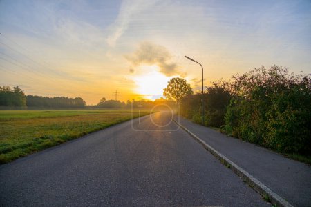Téléchargez les photos : Soleil du matin sur la route entre les prairies à Siebenbrunn près d'Augsbourg - en image libre de droit