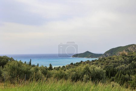 Téléchargez les photos : Vue à travers les oliviers jusqu'à la mer mouvante près d'Agios Georgios sur l'île de Corfou sous un ciel couvert - en image libre de droit