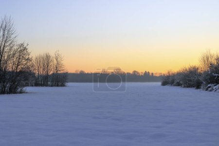 Photo for Snow-covered meadows in Siebenbrunn near Augsburg at sunrise with trees and bushes against a coloured sky - Royalty Free Image