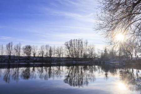Téléchargez les photos : Vue sur le lac des cygnes avec des cygnes et des oiseaux aquatiques près de Mering par une froide journée d'hiver avec un ciel bleu - en image libre de droit