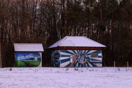 Photo for Artistically painted water and power supply building on a winter's day in Siebenbrunn, Germany, Augsburg, 16 January 2024 - Royalty Free Image