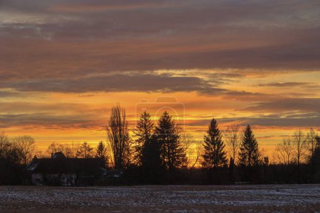 Téléchargez les photos : Lever de soleil coloré avec des nuages rouges lumineux lors d'une journée d'hiver sur les prairies et les forêts de Siebenbrunn, le plus petit quartier de la ville Fugger d'Augsbourg - en image libre de droit