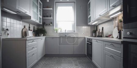Photo for Empty kitchen in white and gray with large windows - Royalty Free Image