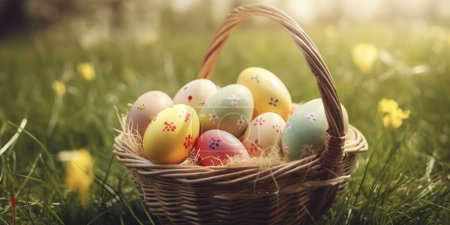 Foto de Huevos de Pascua pintados de colores en una cesta tejida frente a un prado de flores con árboles - Imagen libre de derechos