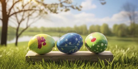 Photo for Colorful painted easter eggs on wooden bench in front of flower meadow with trees - Royalty Free Image
