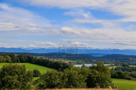 Alpine view over meadows and field paths towards the Alps near Reichling in Bavaria on a summer day with blue sky and light clouds
