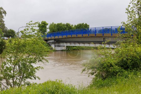 Flood at the bridge over the river Wertach in the district of Augsburg in Germany, Bobingen, 1 June 2024